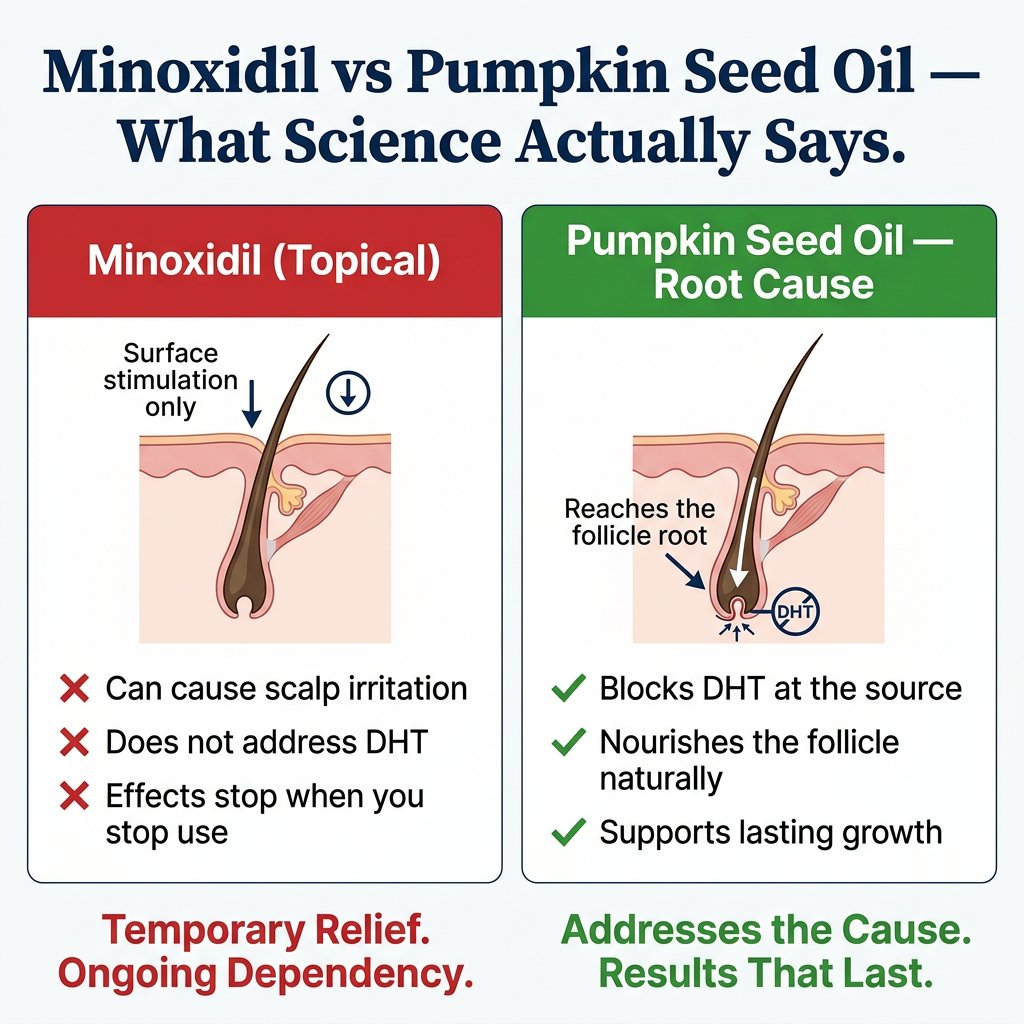 Diagram comparing topical minoxidil surface stimulation with pumpkin seed oil acting at the follicle root