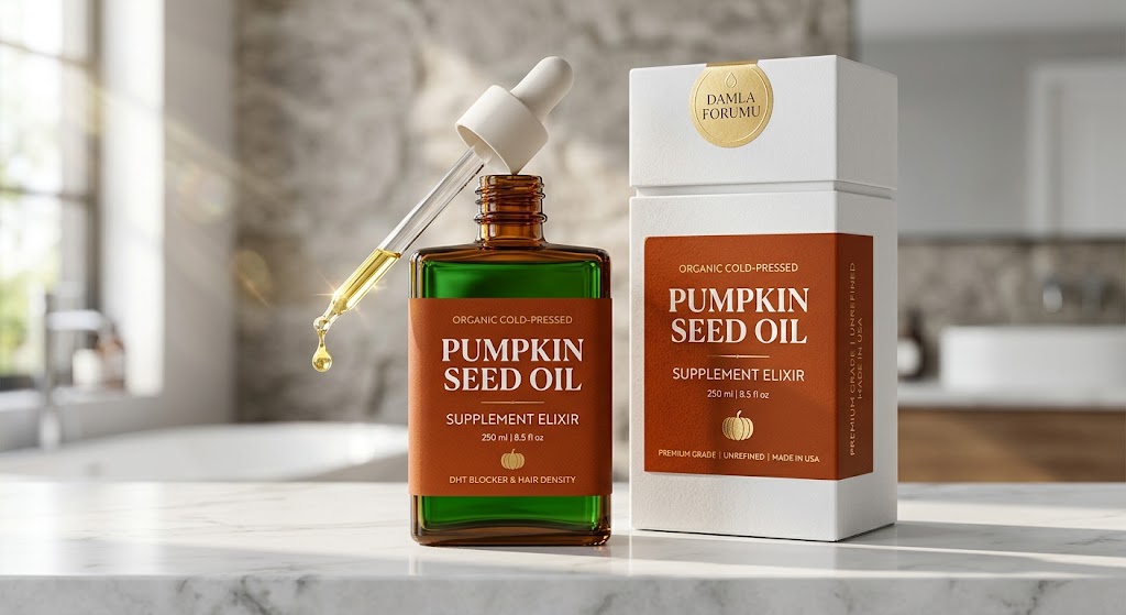 Cold-pressed pumpkin seed oil supplement elixir bottle and box